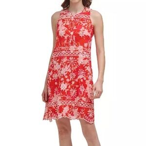 Calvin Klein Womens 6 Embroidered Chiffon Trapeze Dress Eyelet Orange Red NEW